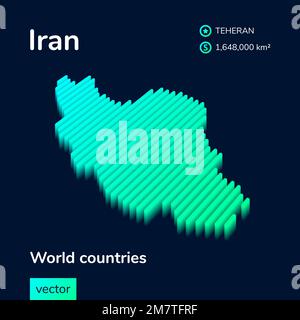 Mappa Iran 3D. Al neon stilizzato semplice carta isometrica digitale a strisce vettoriale dell'Iran è in verde, turchese e menta colori sullo sfondo blu scuro Illustrazione Vettoriale