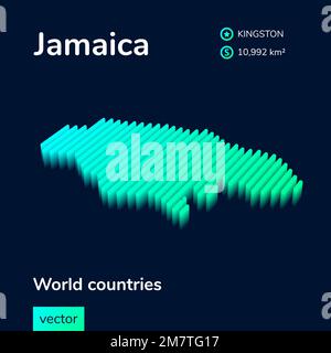 Mappa vettoriale isometrico stilizzata 3D della Giamaica in colori turchese al neon menta su sfondo blu scuro. Poster dello studio geografico, elemento infografico. Illustrazione Vettoriale