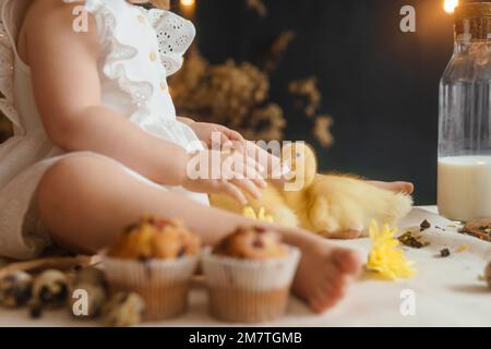 Anatroccoli soffici carini sul tavolo di Pasqua con uova di quaglia e cupcakes di Pasqua, accanto ad una bambina. Il concetto di Buona Pasqua. Foto Stock