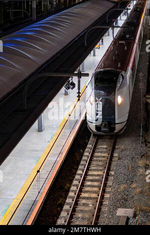 Tokyo, Giappone. 6th Jan, 2023. Il treno navetta aeroportuale Narita Express alla Stazione di Shinjuku. La Stazione di Shinjuku e' gestita dalla Compagnia ferroviaria del Giappone Orientale (JR Est). Funge da principale centro di trasporto a Tokyo, collegando più linee ferroviarie, tra cui la JR East Yamanote Line, la Chuo Line, la Sobu Line, la Narita Express e la Saikyo Line, nonché diverse linee ferroviarie private, come la Odakyu Electric Railway, la Keio Corporation e la Tokyo Metro. Con il suo vasto numero di piattaforme e binari, è un hub centrale per i treni locali e a lunga percorrenza, con collegamenti per tutte le destinazioni Foto Stock