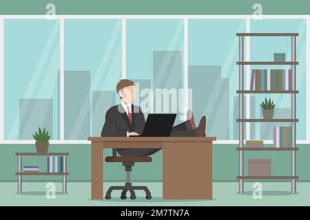 Capo rilassante nel suo ufficio. Piedi sul tavolo. Illustrazione vettoriale. Illustrazione Vettoriale