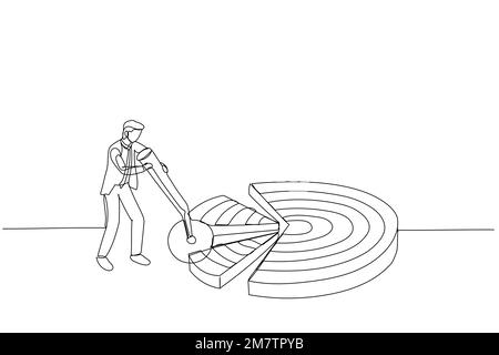 Cartone animato di businessman abbattere bersaglio dartboard in pezzi. Metafora per scomporre il grande obiettivo in piccoli obiettivi realizzabili. Linea continua ART STYL Illustrazione Vettoriale