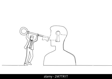 Cartone animato di businessman tenere chiave cercare di aprire la mente della persona. Metafora per la terapia, la psicoterapia e la psicologia. Stile artistico a linea continua singola Illustrazione Vettoriale