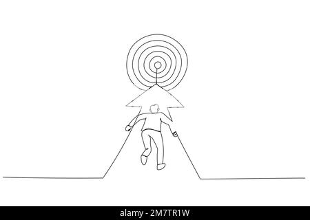 Cartone animato di uomo d'affari che corre al bersaglio. Metafora per raggiungere l'obiettivo. Linea continua ART Illustrazione Vettoriale