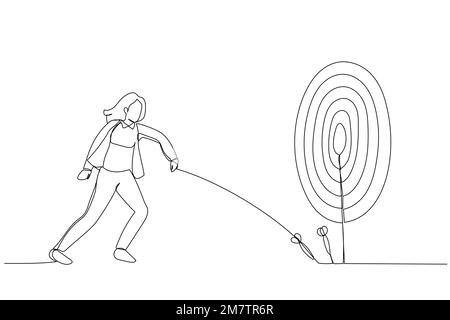 Disegno di una donna d'affari cercare di colpire un obiettivo. Stile artistico a linea continua Illustrazione Vettoriale