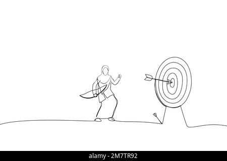 Disegno di una donna d'affari musulmana finalmente colpito l'obiettivo dopo troppi tentativi falliti. Metafora per efficacia ed efficienza per misurare il successo ratto Illustrazione Vettoriale