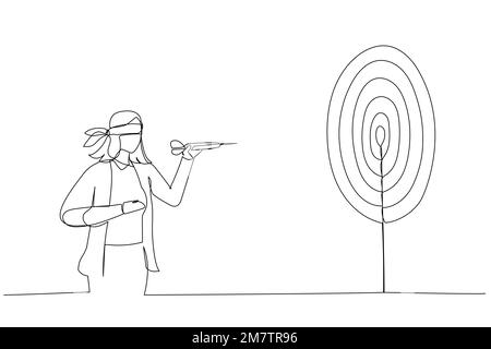 Illustrazione di una donna d'affari confusa bendfold lancio dardo. Metafora per un obiettivo poco chiaro o una visione cieca del business, fallimento della leadership. Singolo conti Illustrazione Vettoriale