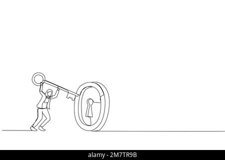 Illustrazione dell'investitore astuto di affari che tiene la chiave enorme per sbloccare il keyhole della moneta. Metafora del successo finanziario, opportunità di investimento e prof Illustrazione Vettoriale