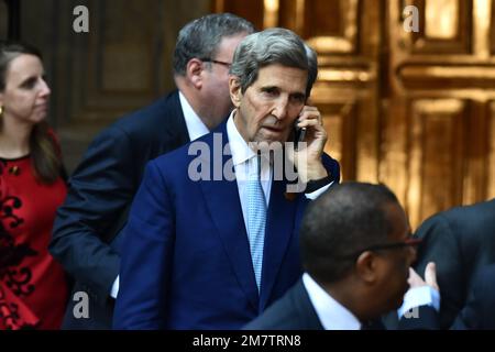 Città del Messico, Messico: 10 gennaio 2023, John Kerry, inviato speciale presidenziale degli Stati Uniti per il clima durante una conferenza informativa del vertice dei leader nordamericani del 10th in Messico al Palazzo Nazionale il 10 gennaio 2023 a Città del Messico, Messico. (Foto di Carlos Tischler/ Eyepix Group) Foto Stock