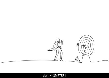 Disegno di businesswoman finalmente colpito l'obiettivo dopo troppi tentativi infruttuosi. Metafora dell'efficacia e dell'efficienza per misurare il tasso di successo. Canta Illustrazione Vettoriale