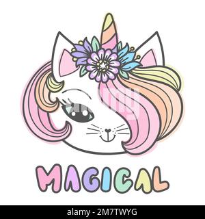 Testa di gatto unicorno con iscrizione flowers.Magic. Stile Doodle. Per la progettazione di stampe, poster, biglietti, adesivi, t-shirt, tazze, ecc. Vettore Illustrazione Vettoriale