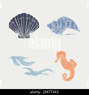 Carino vettore di linocut animali subacquei e uccelli set Illustrazione Vettoriale