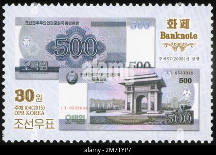 2015 Set di timbri per la Corea del Nord. Banconota DPRK,. 400 vinto. Arco di Trionfo, Pyongyang Foto Stock