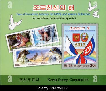 2015 Set di timbri per la Corea del Nord. Anno di amicizia con la Russia. Copertina opuscolo Foto Stock