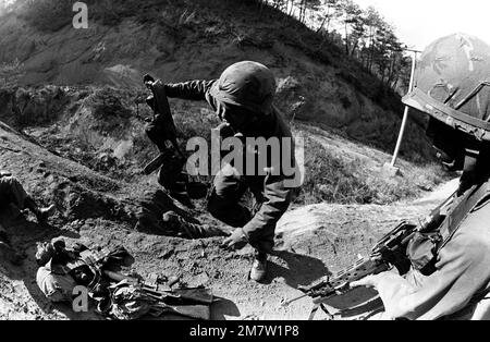 I membri della Società C, 1st Battaglione, 35th Fanteria, 25th Divisione Fanteria, catturano una posizione 'nemica' durante l'allenamento congiunto della SQUADRA SUDCOREANA/americana SPIRIT '82. Oggetto/Serie: TEAM SPIRIT '82 base: Geon Cha Paese: Repubblica di Corea (KOR) Foto Stock