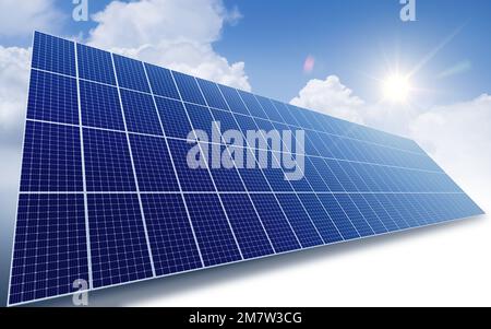 I pannelli solari riflettono la luce scintillante del sole, l'energia pulita e il buon ambiente. Rappresentazione 3 D. Foto Stock