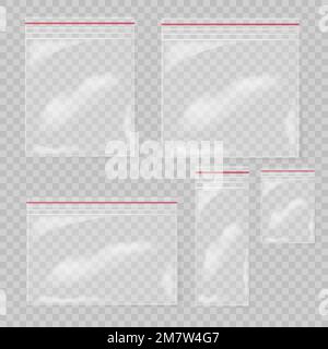 Set di sacchetti di plastica isolati su sfondo trasparente. Raccolta sacchetti vuoti in plastica trasparente. Illustrazione vettoriale. Illustrazione Vettoriale