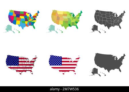 Set di mappe USA. Mappa di raccolta degli Stati Uniti d'America. Illustrazione vettoriale. Illustrazione Vettoriale