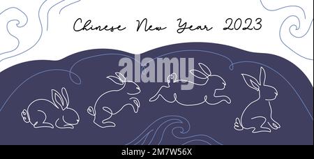 Bandiera cinese del nuovo anno 2023 con coniglio da corsa, saltando. Simbolo zodiaco cinese di coniglio nel salto. Illustrazione grafica vettoriale a linea continua Illustrazione Vettoriale