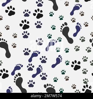 Sfondo senza cuciture con impronta di gatto e cane e uomo. Illustrazione vettoriale. EPS 10. Illustrazione Vettoriale
