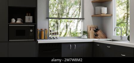 Moderno e contemporaneo elegante cucina in bianco e nero design interno con armadio da cucina nero e armadio, forno a microonde, utensili da cucina, lavello, cucina stu Foto Stock