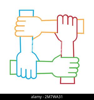 Quattro mani tengono insieme per il polso l'altro. Quattro mani collegate. Simbolo della convivenza. isolato su sfondo bianco. Illustrazione vettoriale. EPS 10 Illustrazione Vettoriale