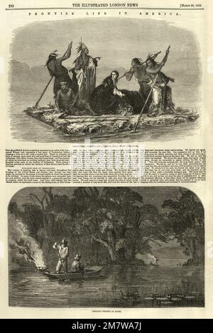 Illustrazione vintage vita di frontiera nel selvaggio West americano, comanches rapire una donna, spearing pesca di notte, 1850s , vittoriano 19th ° secolo Foto Stock