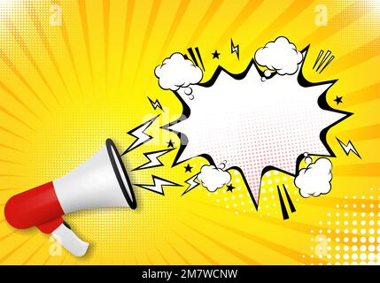 3D megafone realistico su sfondo a mezzitoni. Illustrazione vettoriale. EPS 10. Illustrazione Vettoriale