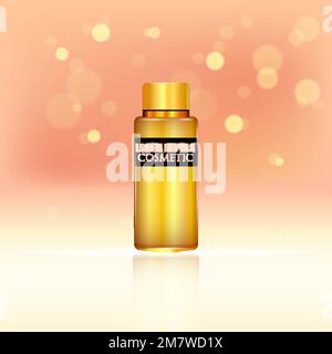 Annunci cosmetici. Confezione di bottiglie d'oro con crema idratante o liquido. Illustrazione vettoriale 3D. Illustrazione Vettoriale