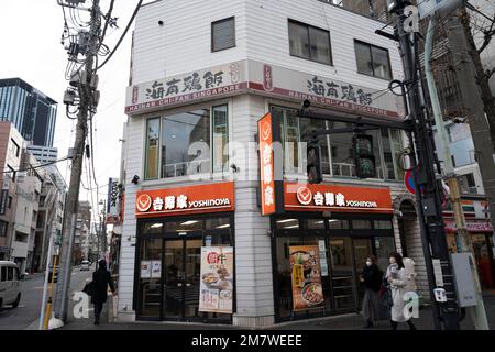 Tokyo, Giappone. 6th Jan, 2023. Un ristorante Yoshinoya. Yoshinoya è una catena di ristoranti fast food che ha avuto origine in Giappone nel 1899. È popolare per i suoi piatti ''gyudon'' (ciotola di manzo e riso) e opera in più di 16.000 sedi in tutto il mondo. La catena e' conosciuta per il suo piatto caratteristico ''gyudon'' e il motto di ''gusto abbordabile''. Chiyoda City e' un reparto speciale situato nel centro di Tokyo, Giappone. E' conosciuto come il centro politico e amministrativo del Giappone, in quanto ospita il governo giapponese, il Palazzo Imperiale e la Dieta Nazionale (il parlamento del Giappone). Chiyoda è anche la sede di molti Foto Stock