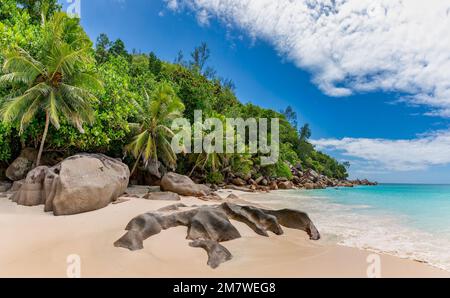 Vista panoramica della spiaggia di Anse Georgette, Praslin, Seychelles Foto Stock