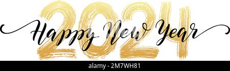 2024 caratteri numerici a mano. Buon anno testo script. Effetto texture pennello asciutto. Buon Natale. Illustrazione vettoriale Illustrazione Vettoriale