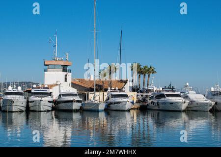 Porto marino Cogolin con yacht in palme porto dietro l'ora del giorno Foto Stock