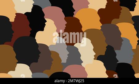 Facce femminili belle e diverse, texture senza cuciture. La folla, un gruppo di ragazze di diverse nazionalità. Illustrazione vettoriale per l'empowerment femminile Illustrazione Vettoriale