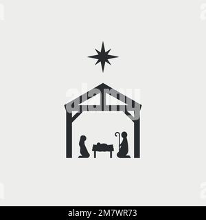 Nascita di Cristo, Silhouette di Maria, Giuseppe e Gesù isolato su sfondo bianco. Illustrazione vettoriale. EPS 10. Illustrazione Vettoriale