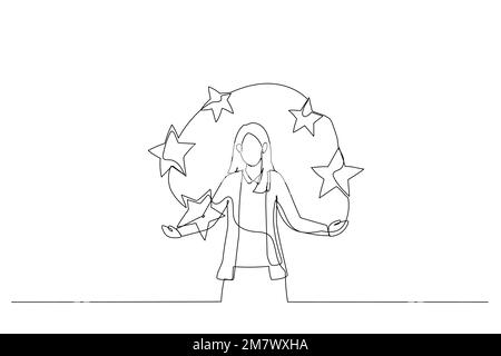 Illustrazione del punteggio di performance di cinque stelle da parte di una donna d'affari. Metafora per feedback e commenti. Stile artistico a linea continua Illustrazione Vettoriale
