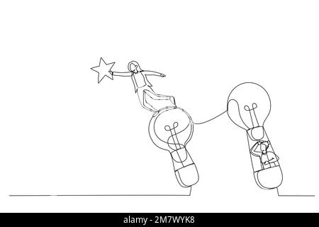 Cartone animato di donna d'affari su mongolfiere che volano verso l'alto alla stella. Metafora per la creatività. Stile artistico a linea singola Illustrazione Vettoriale