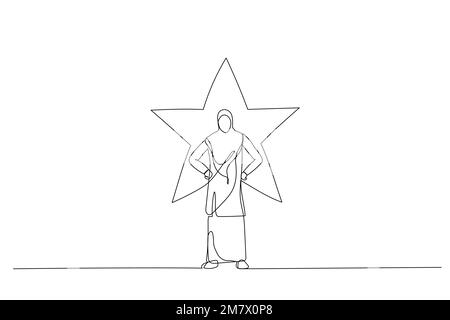 Cartone animato di donna musulmana in piedi con stella luminosa sul suo sfondo. Stile artistico a linea singola Illustrazione Vettoriale