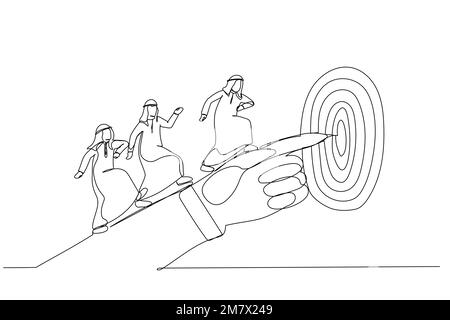 Disegno della mano d'uomo d'affari araba che indica l'obiettivo. ART a linea continua singola Illustrazione Vettoriale