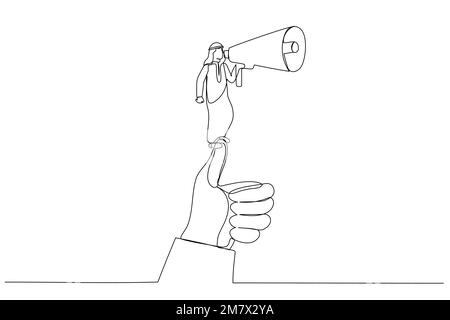 Disegno di un uomo arabo che tiene un megafono in piedi su un pollice enorme, metafora per il discorso del leader. Stile artistico a linea singola Illustrazione Vettoriale