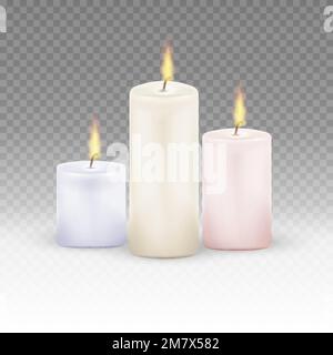 Set di candele accese. Candele realistiche fiamma fuoco luce isolata su sfondo trasparente. Illustrazione vettoriale. EPS 10. Illustrazione Vettoriale