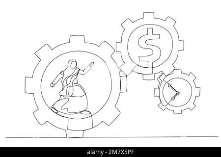 Disegno di una donna d'affari musulmana che corre con pieno sforzo all'interno di ingranaggi. Sforzo e tempo hanno prodotto il concetto di denaro. Stile artistico a linea singola Illustrazione Vettoriale