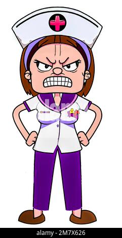 Illustrazione di un matron della sorella dell'infermiera arrabbiato che indossa l'uniforme della sorella viola, stile del cartone animato. Foto Stock