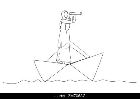 L'illustrazione della donna d'affari musulmana guarda attraverso un telescopio in piedi sul vettore di barca di carta, illustrazione di concetto di affari. Una linea continua art Illustrazione Vettoriale
