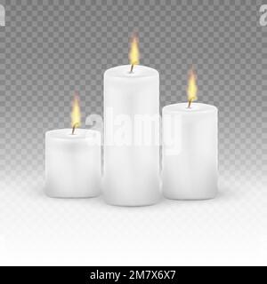 Set di candele accese. Candele realistiche fiamma fuoco luce isolata su sfondo trasparente. Illustrazione vettoriale. EPS 10. Illustrazione Vettoriale