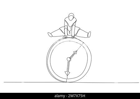 Cartone animato di lavoratore dipendente di una donna d'affari musulmana saltare nel tempo passando orologio. Scadenza aziendale o concetto di efficienza dell'orario di lavoro. Singolo continuo Illustrazione Vettoriale