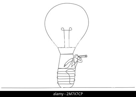 Disegno di una donna d'affari musulmana in sella a un palloncino a lampadina usando vetro spinato o telescopio alla ricerca della visione. Ricerca di nuove opportunità di business. Singolo Illustrazione Vettoriale