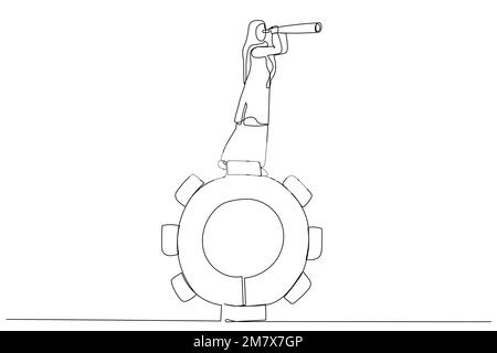 L'illustrazione di una donna d'affari musulmana in piedi sugli ingranaggi guarda attraverso un telescopio. Stile artistico a una linea Illustrazione Vettoriale