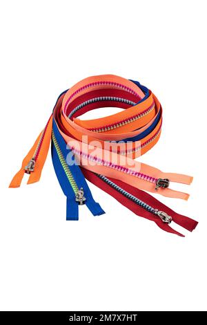 Zipper multicolore o dispositivi di fissaggio con zip utilizzati per legare tessuti o tessuti. Locker colorati sfondo o modello concetto di abbigliamento industria, S Foto Stock