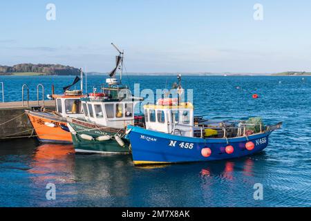 Imbarcazioni da pesca tradizionali ormeggiate al piccolo molo di Portaferry, County Down, Irlanda del Nord, Regno Unito, REGNO UNITO Foto Stock